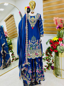 Blue Color Party Wear Designer Embroidered Sharara Suit