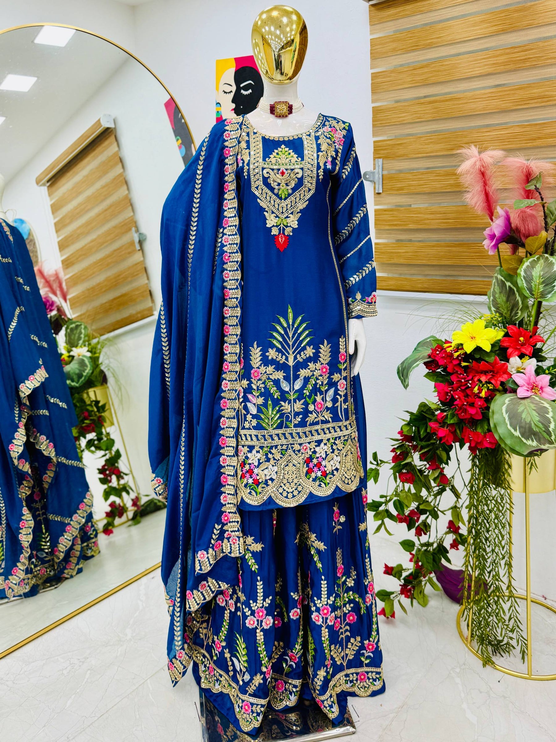 Blue Color Party Wear Designer Embroidered Sharara Suit