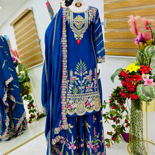 Blue Color Party Wear Designer Embroidered Sharara Suit