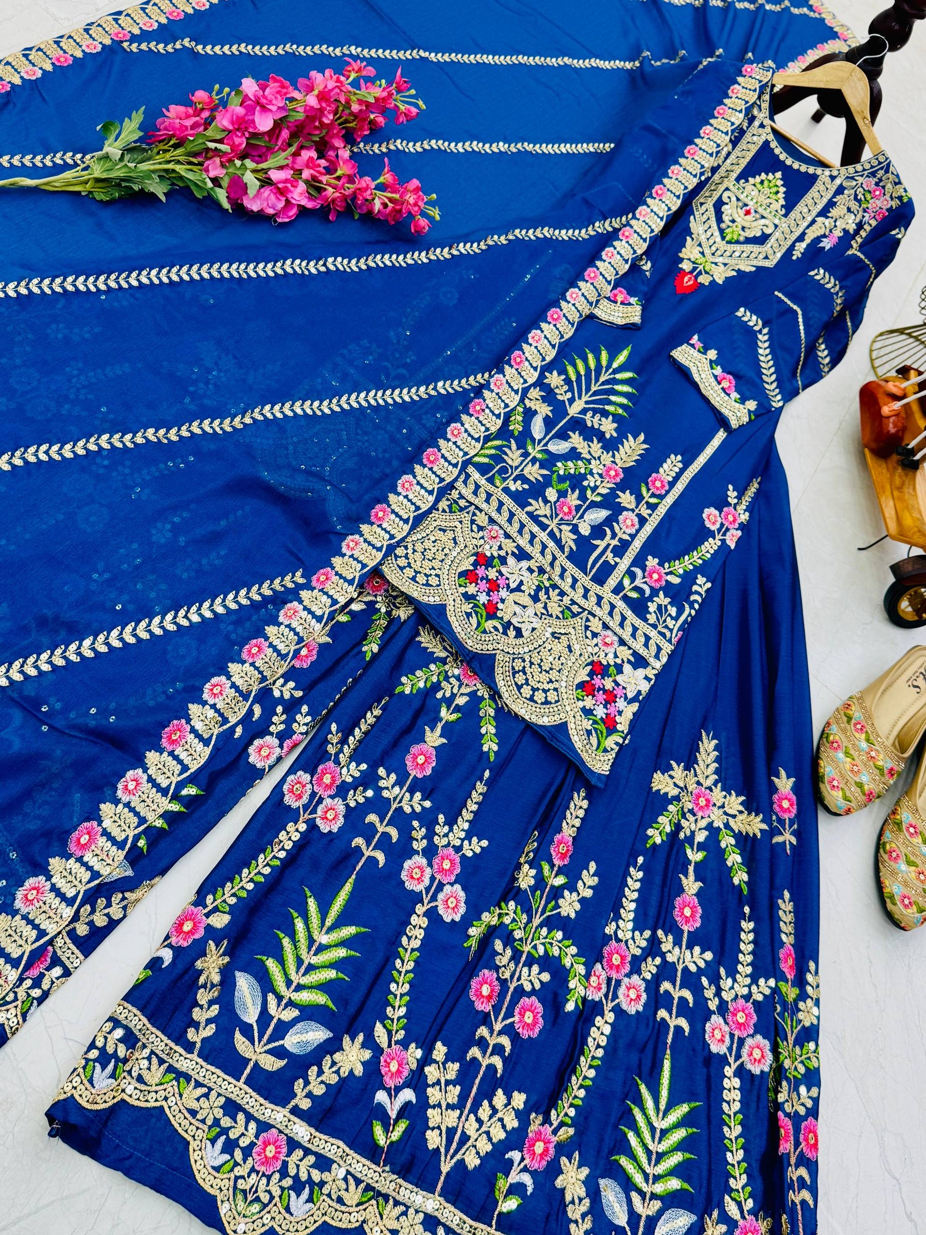 Blue Color Party Wear Designer Embroidered Sharara Suit