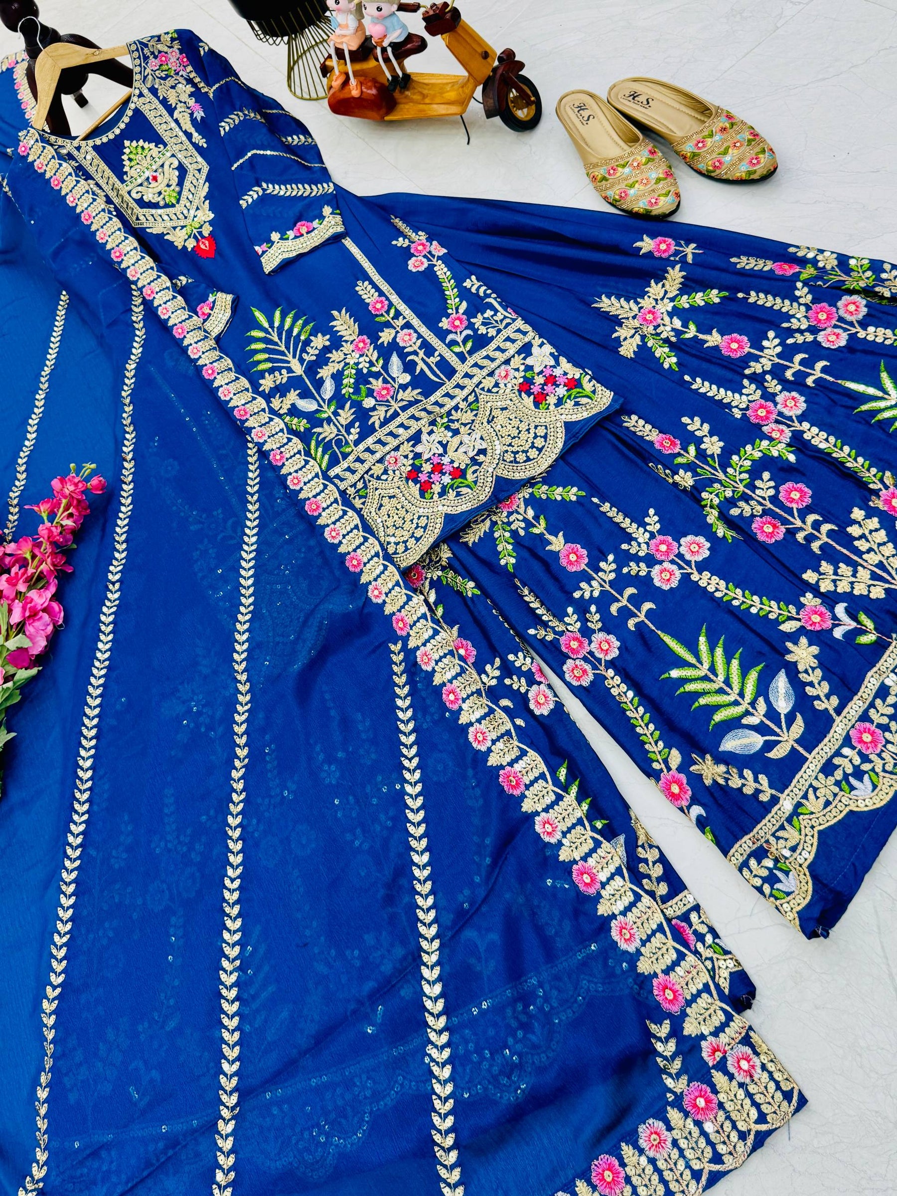 Blue Color Party Wear Designer Embroidered Sharara Suit