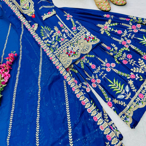 Blue Color Party Wear Designer Embroidered Sharara Suit