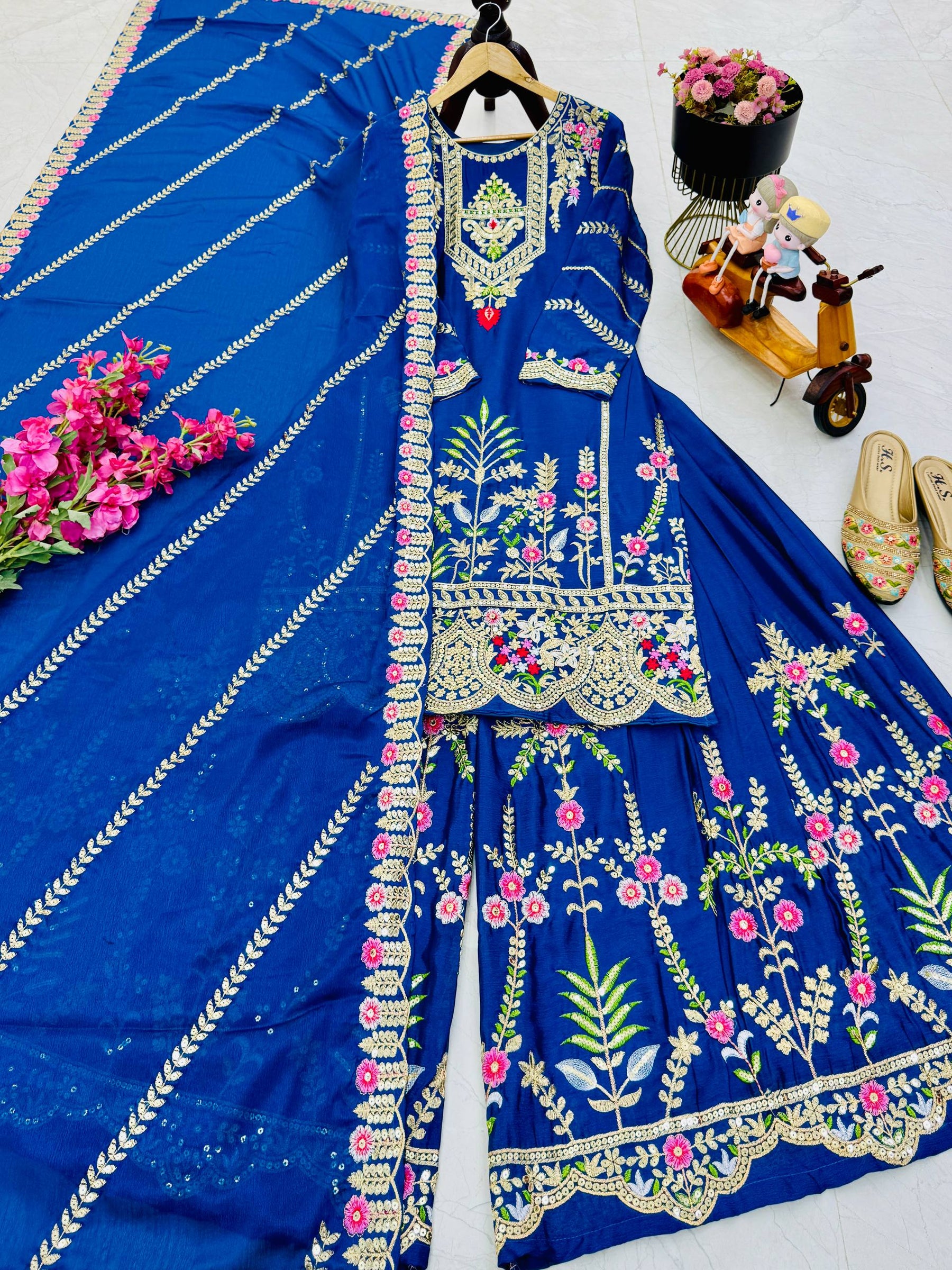 Blue Color Party Wear Designer Embroidered Sharara Suit