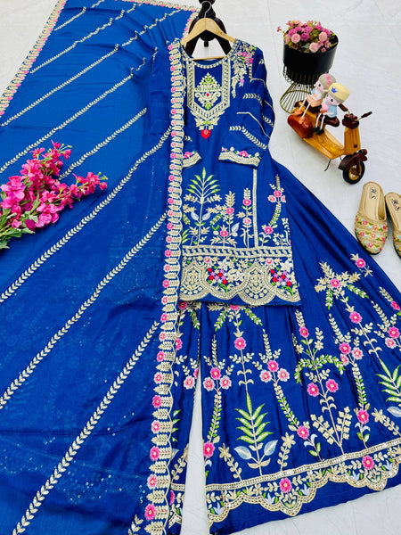 Blue Color Party Wear Designer Embroidered Sharara Suit