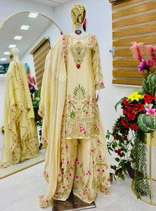 Cream Color Party Wear Designer Embroidered Sharara Suit