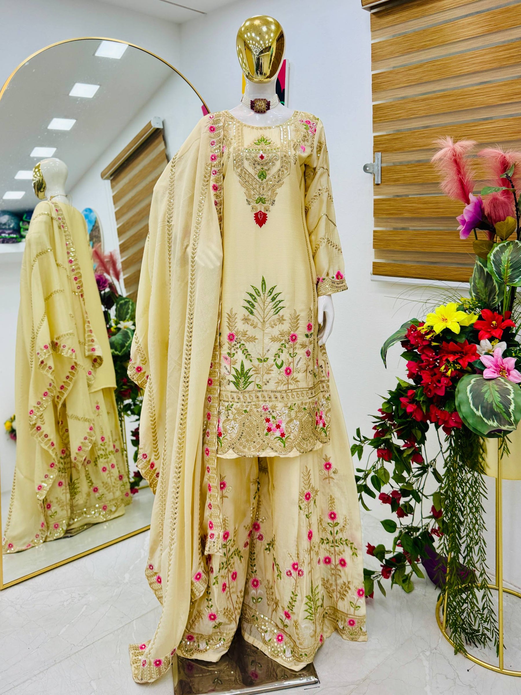 Cream Color Party Wear Designer Embroidered Sharara Suit