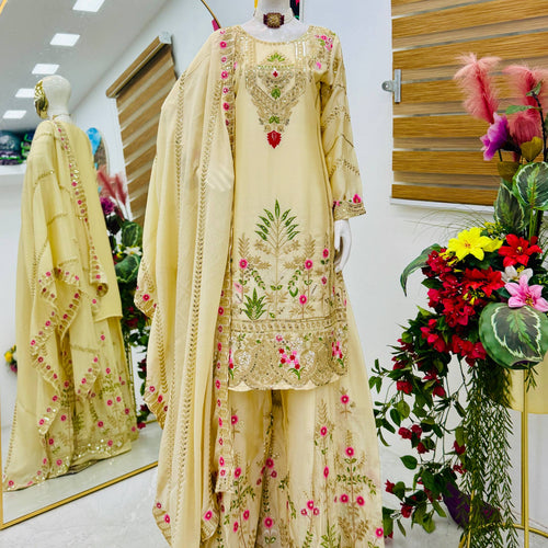 Cream Color Party Wear Designer Embroidered Sharara Suit