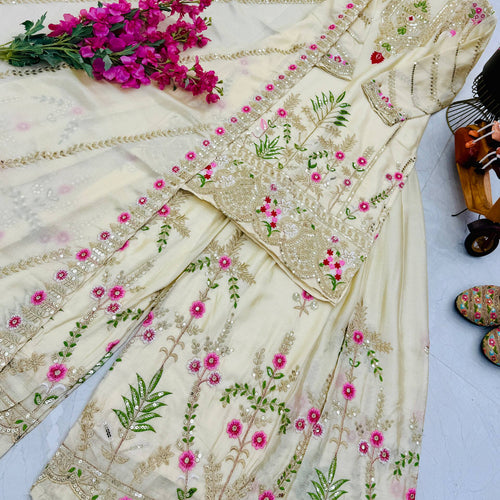 Cream Color Party Wear Designer Embroidered Sharara Suit