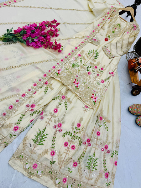 Cream Color Party Wear Designer Embroidered Sharara Suit