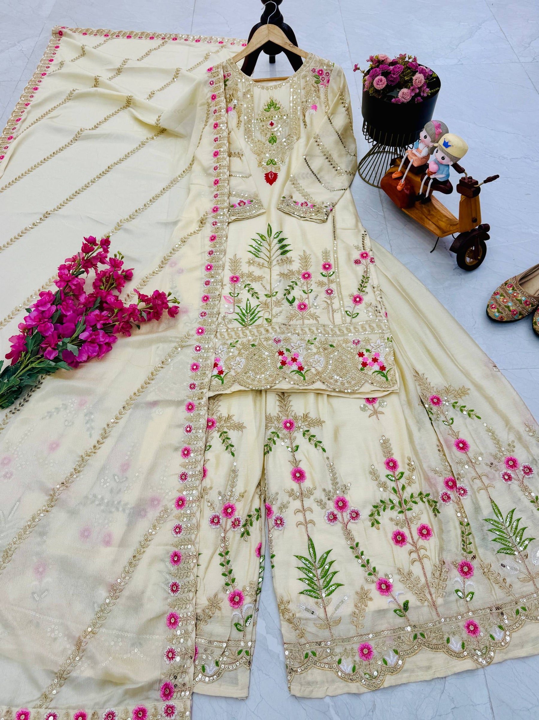 Cream Color Party Wear Designer Embroidered Sharara Suit