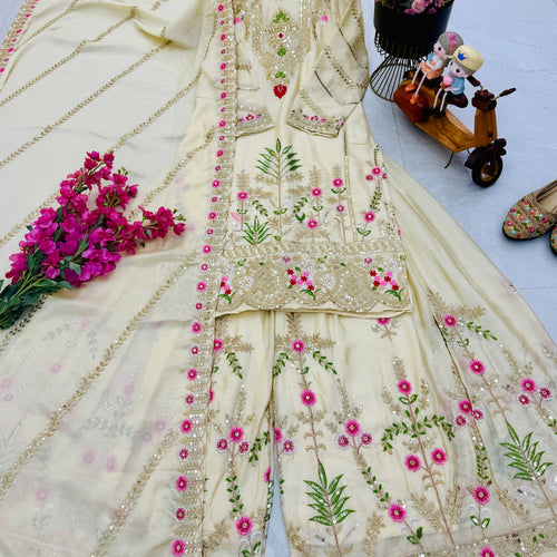 Cream Color Party Wear Designer Embroidered Sharara Suit