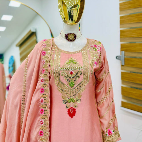 Peach Color Party Wear Designer Embroidered Sharara Suit