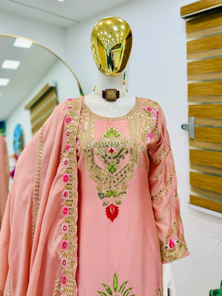 Peach Color Party Wear Designer Embroidered Sharara Suit
