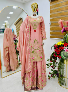 Peach Color Party Wear Designer Embroidered Sharara Suit