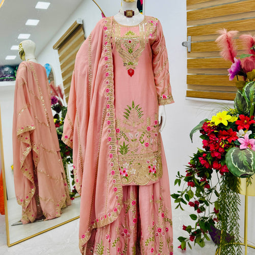 Peach Color Party Wear Designer Embroidered Sharara Suit
