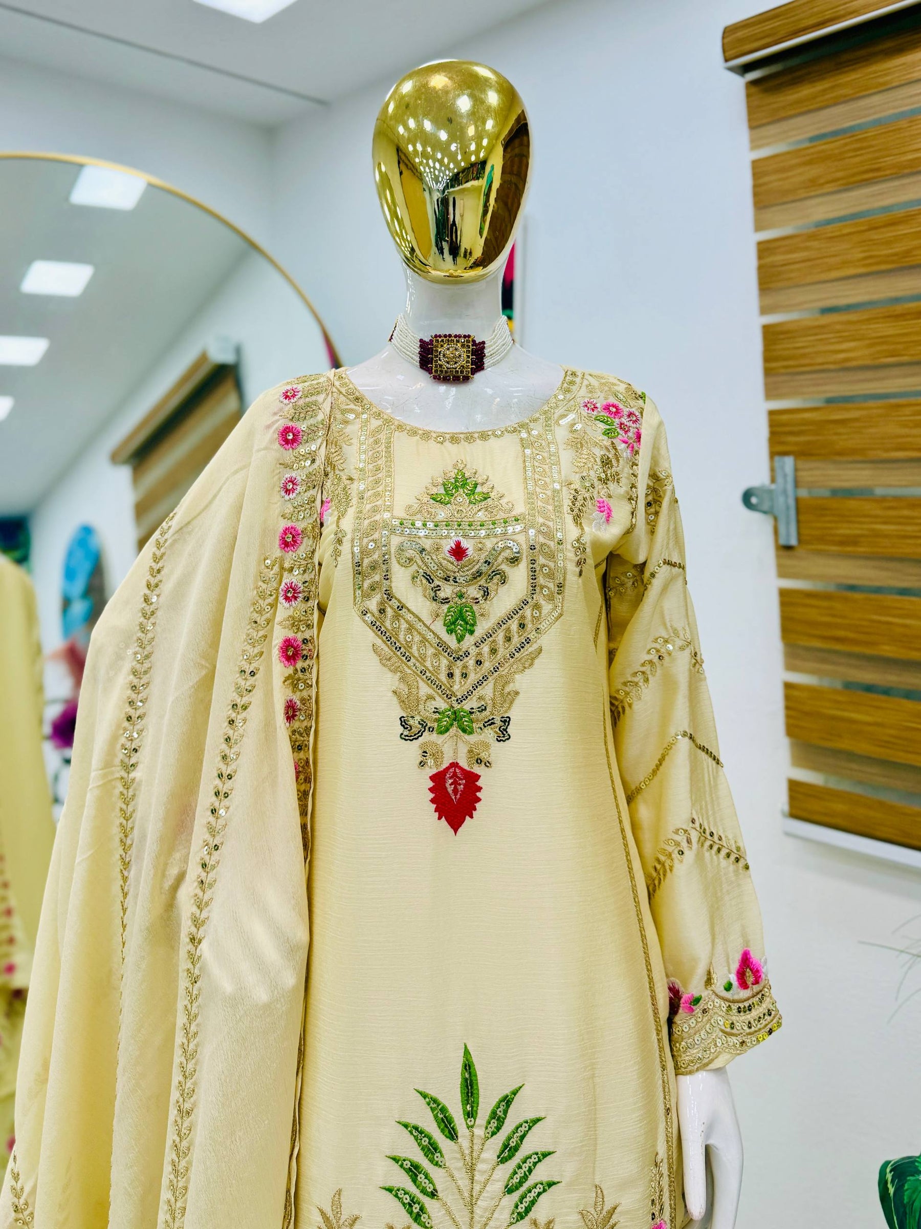 Cream Color Party Wear Designer Embroidered Sharara Suit