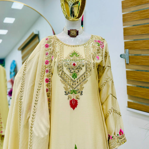 Cream Color Party Wear Designer Embroidered Sharara Suit