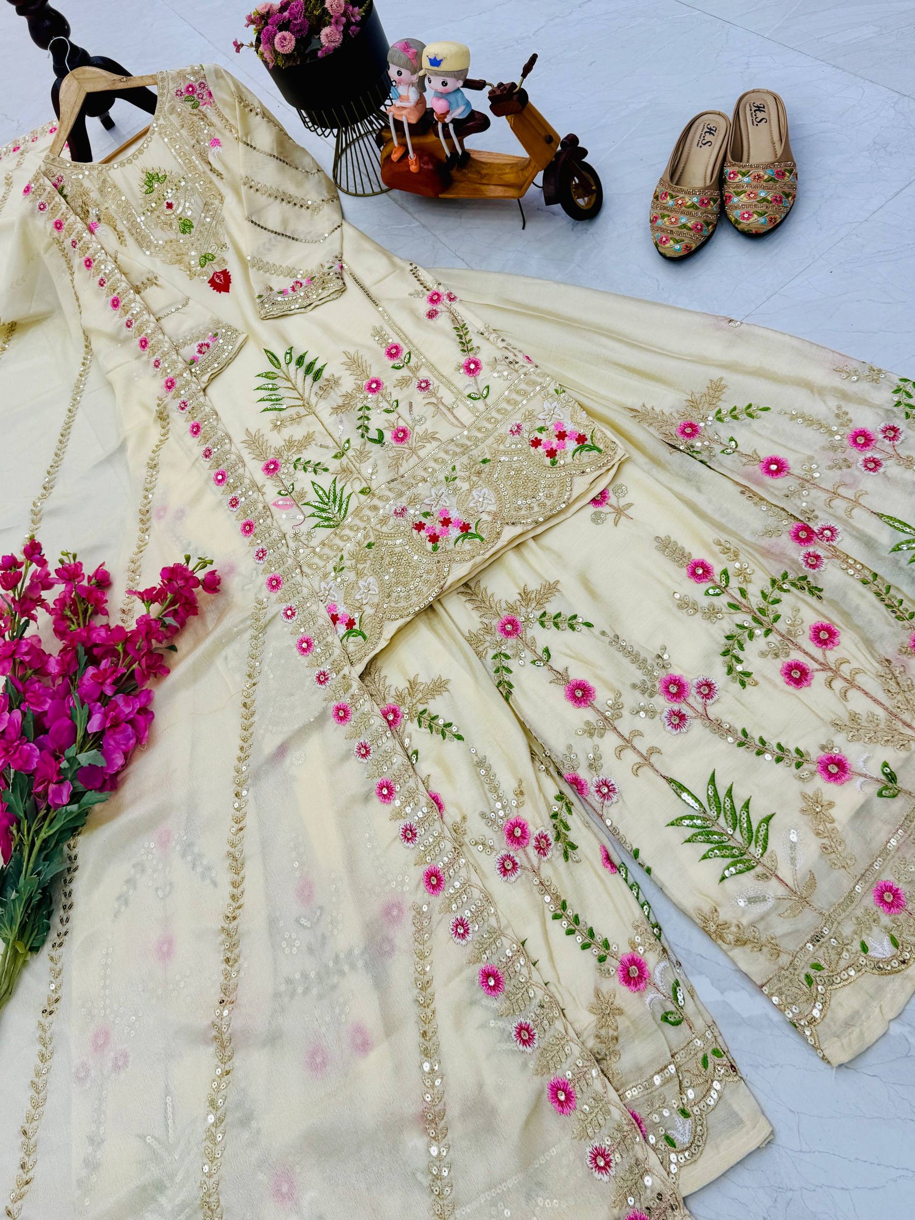 Cream Color Party Wear Designer Embroidered Sharara Suit