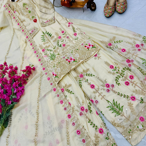 Cream Color Party Wear Designer Embroidered Sharara Suit