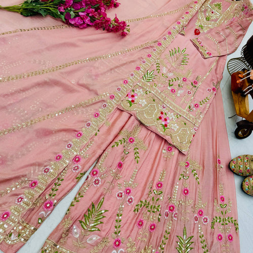 Peach Color Party Wear Designer Embroidered Sharara Suit