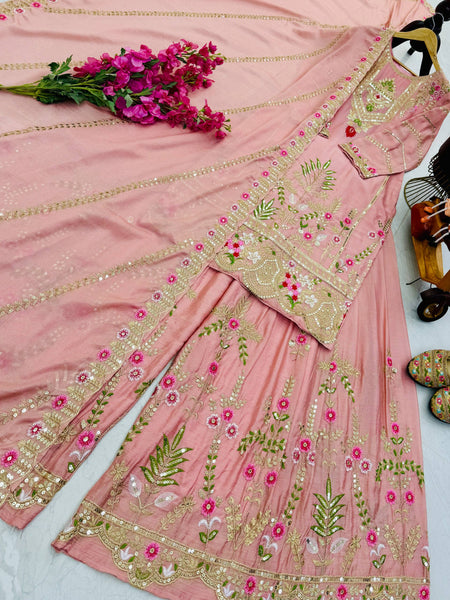 Peach Color Party Wear Designer Embroidered Sharara Suit
