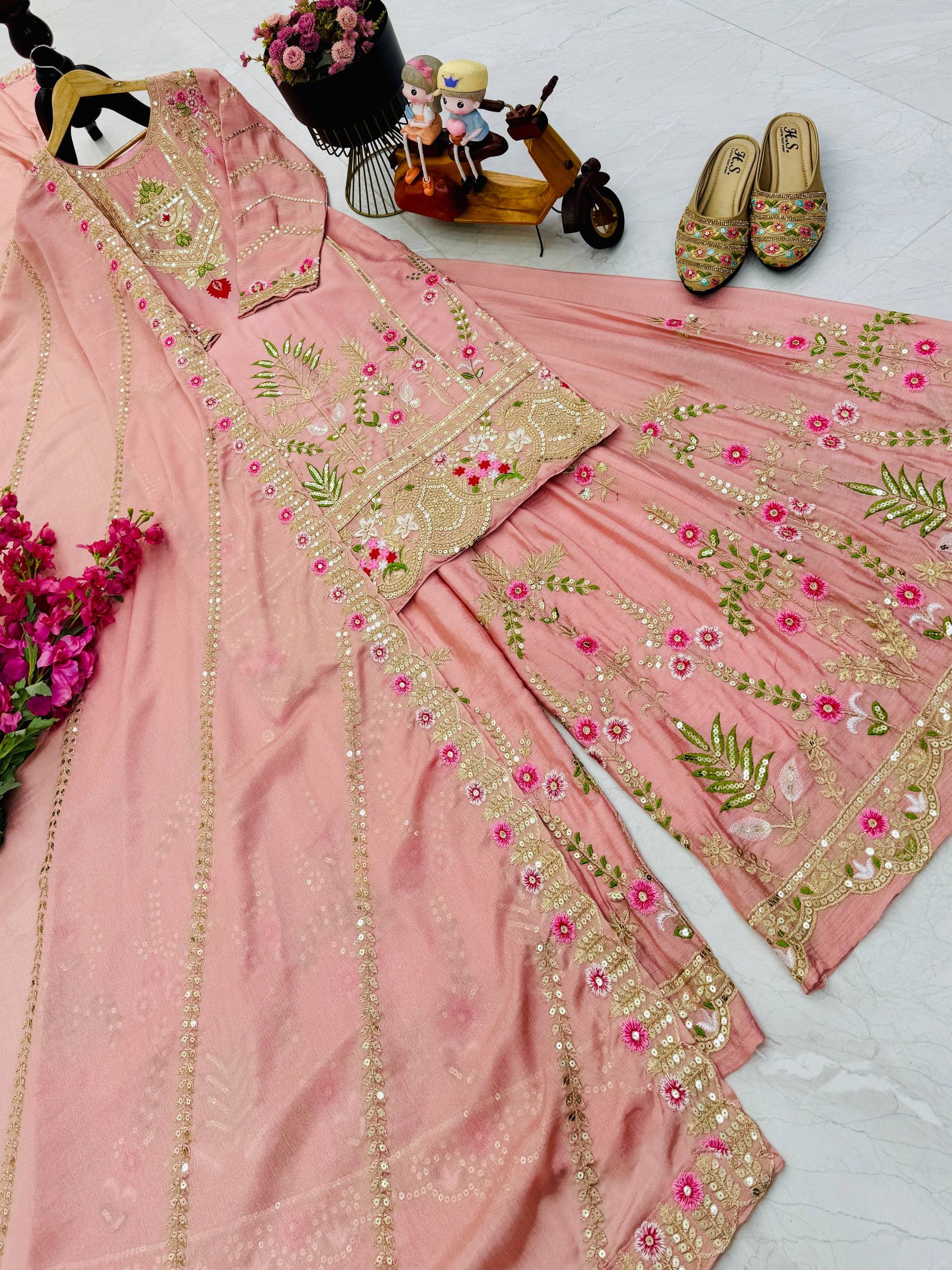Peach Color Party Wear Designer Embroidered Sharara Suit