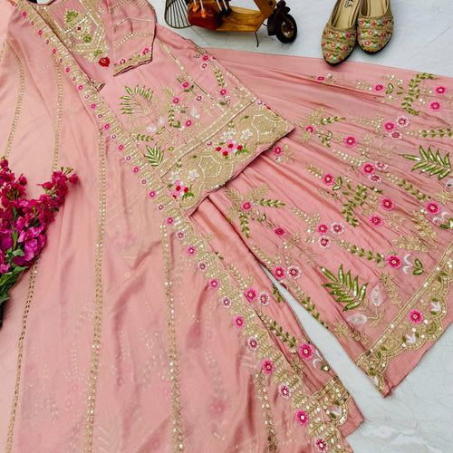 Peach Color Party Wear Designer Embroidered Sharara Suit