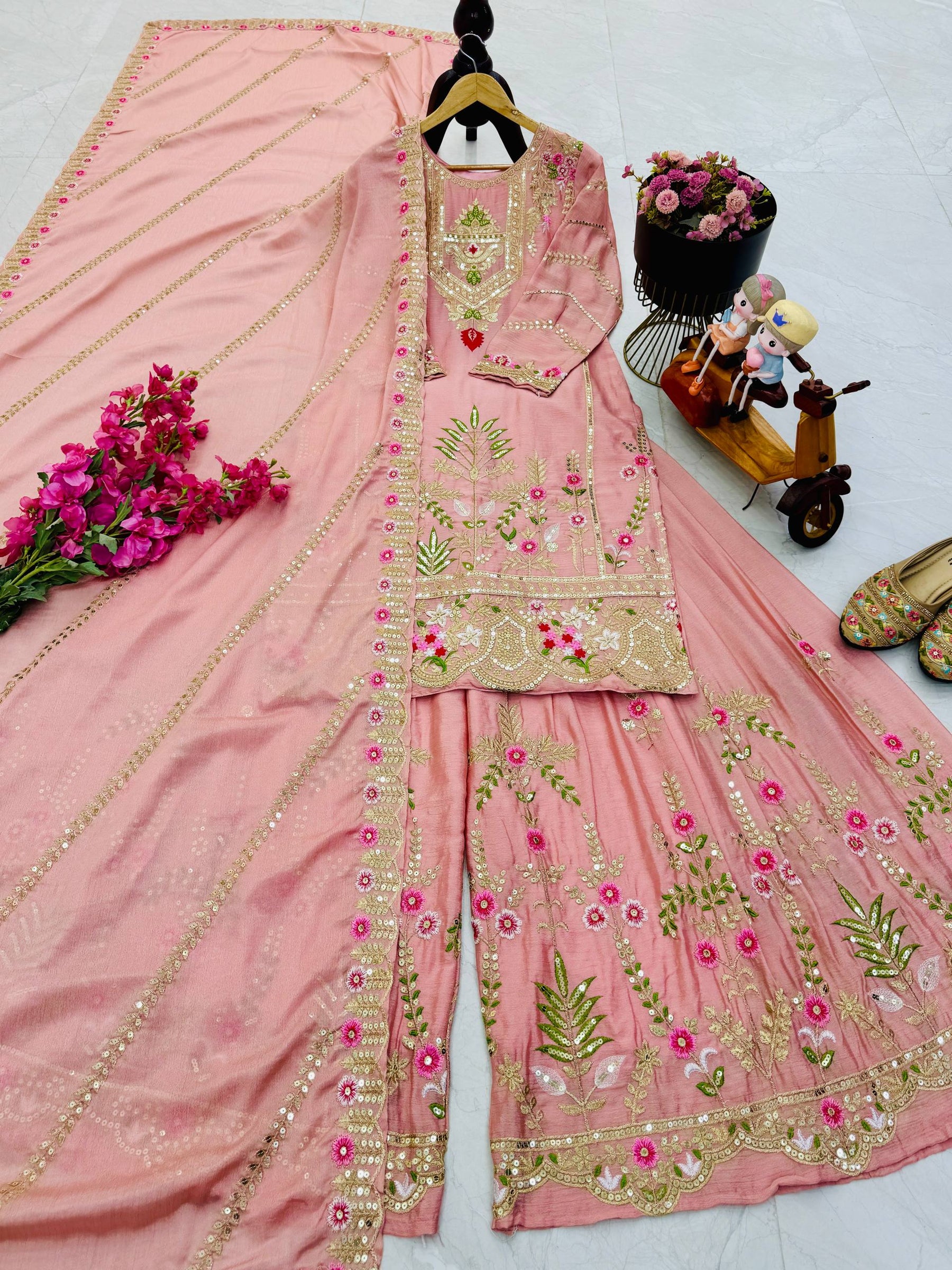 Peach Color Party Wear Designer Embroidered Sharara Suit