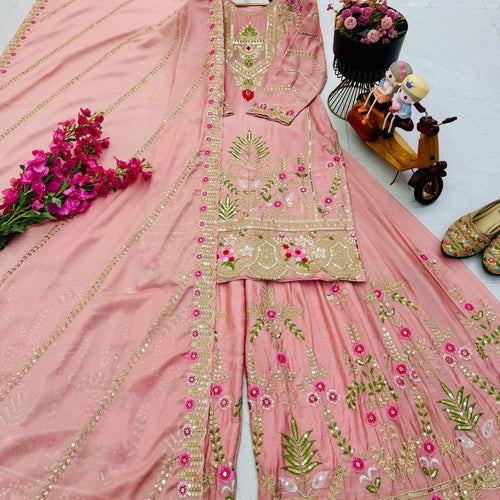 Peach Color Party Wear Designer Embroidered Sharara Suit