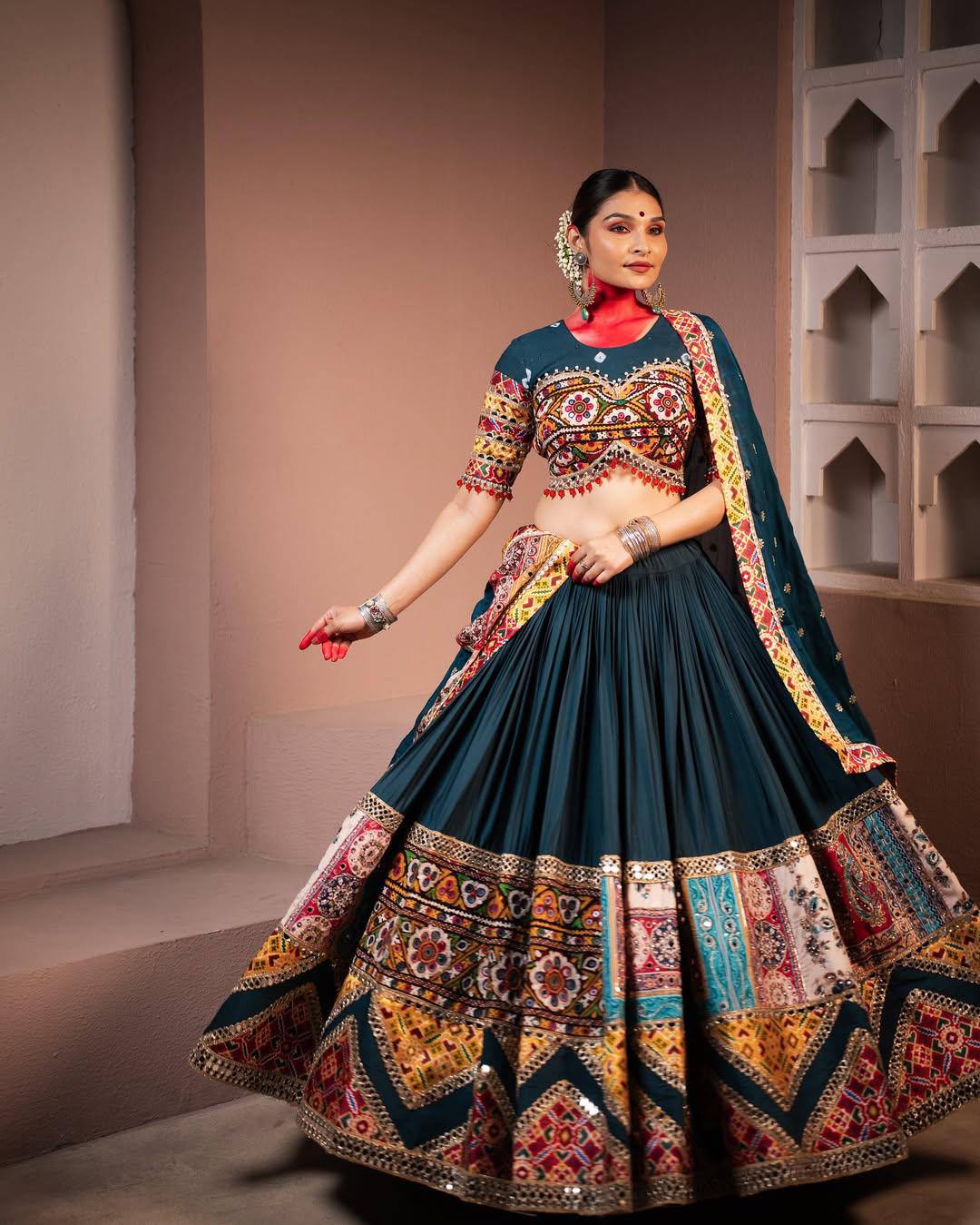 Navy Blue Color Digital Printed Mirror Work Full Flair Navratri Lehenga Choli