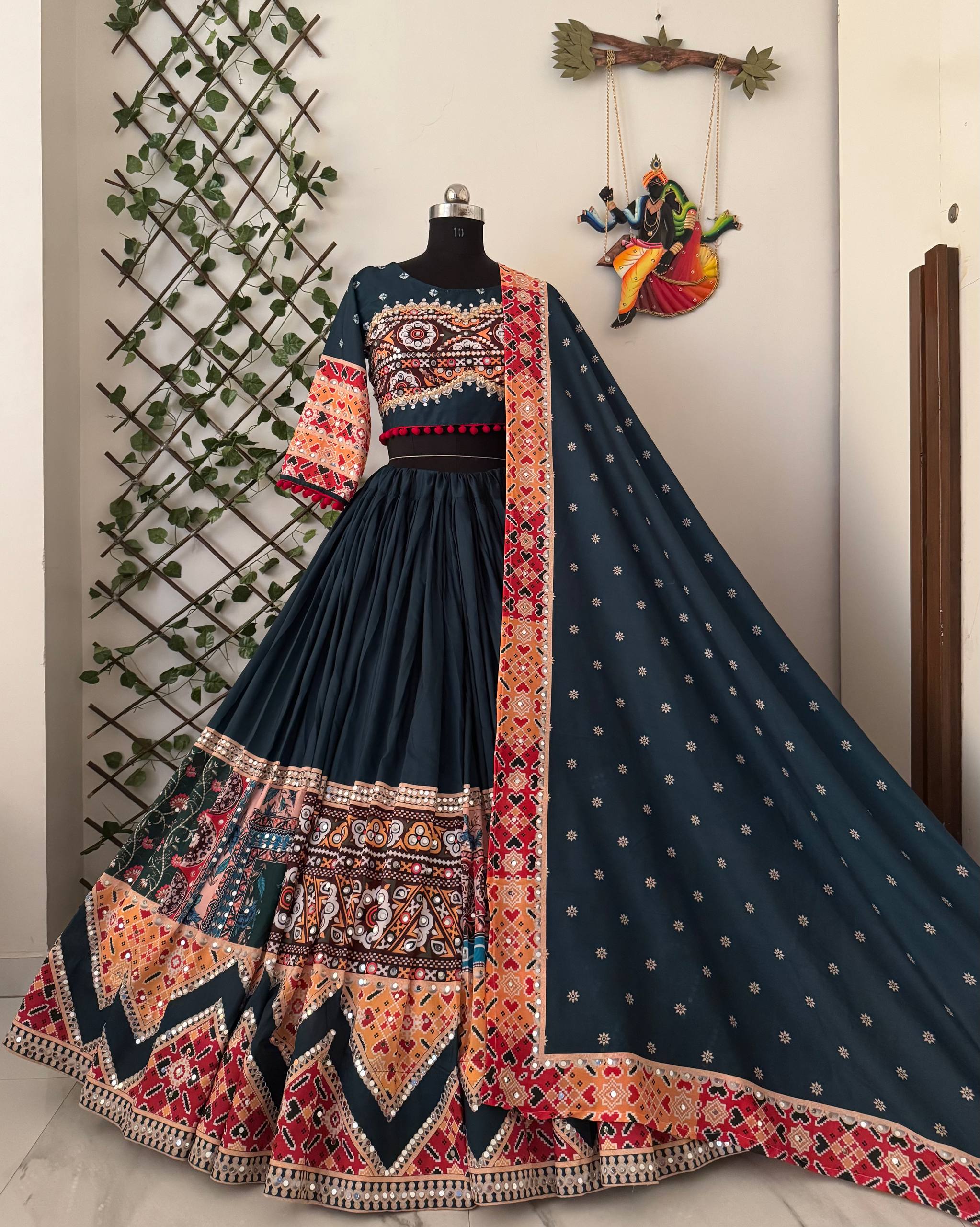Navy Blue Color Digital Printed Mirror Work Full Flair Navratri Lehenga Choli
