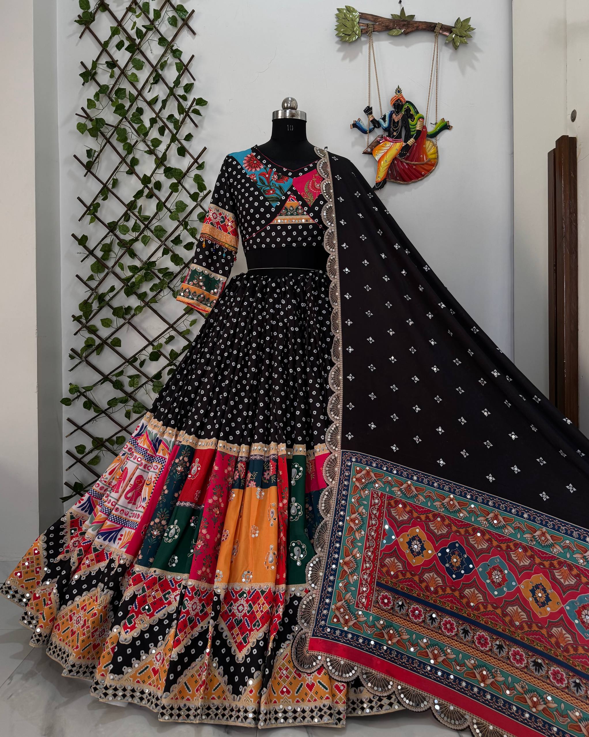 Black Mirror Work Muslin Navratri Lehenga Choli.