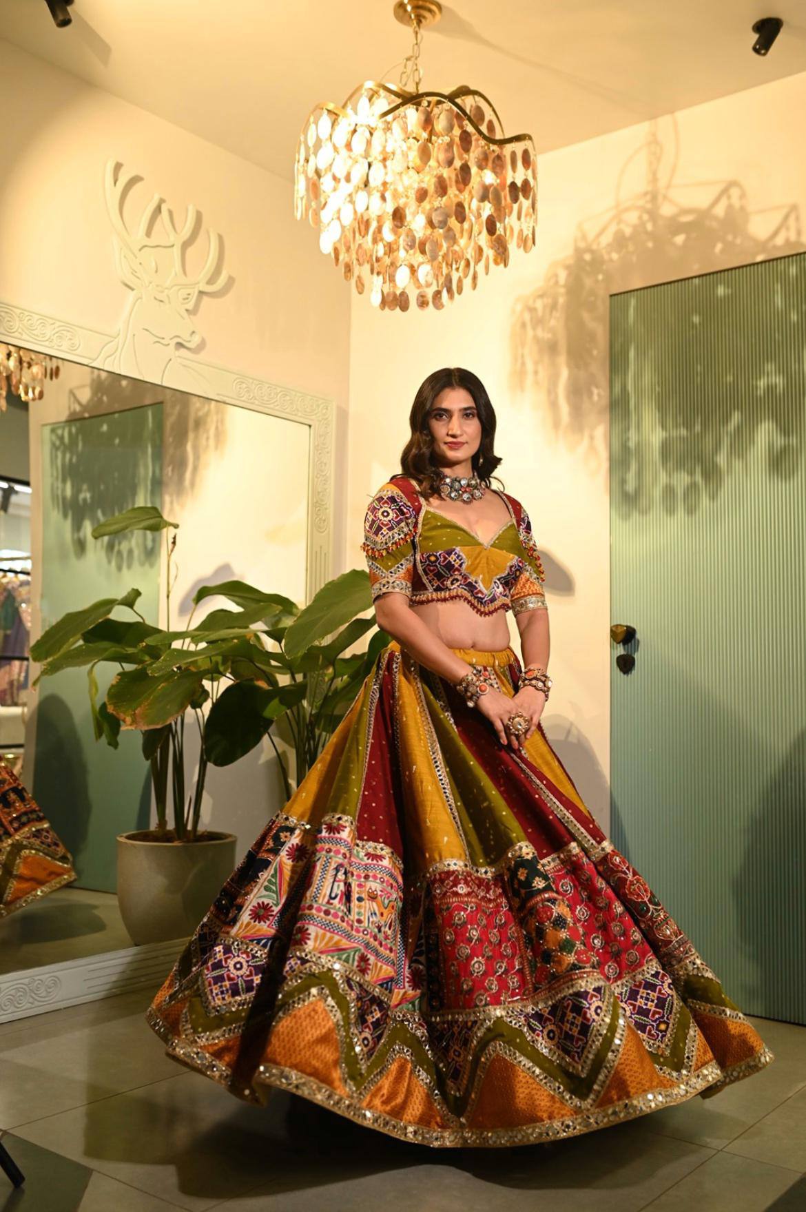 Multi Color Designer Navratri Printed Mirror Work Chaniya Choli