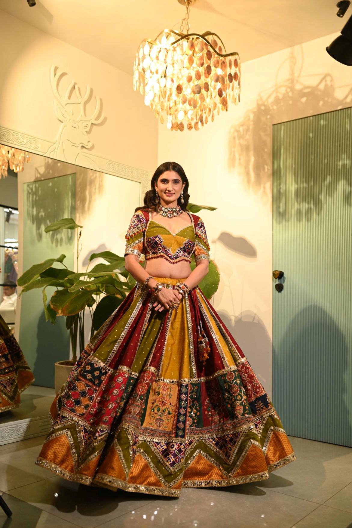 Multi Color Designer Navratri Printed Mirror Work Chaniya Choli