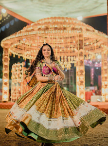 Green-Yellow Color Digital Printed Mirror Work Navratri Chaniya Choli