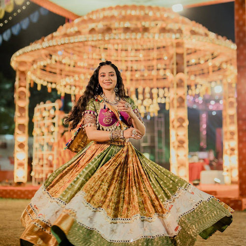 Green-Yellow Color Digital Printed Mirror Work Navratri Chaniya Choli