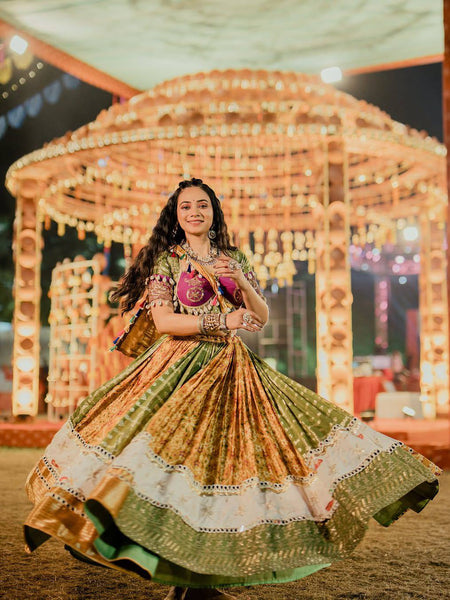 Green-Yellow Color Digital Printed Mirror Work Navratri Chaniya Choli