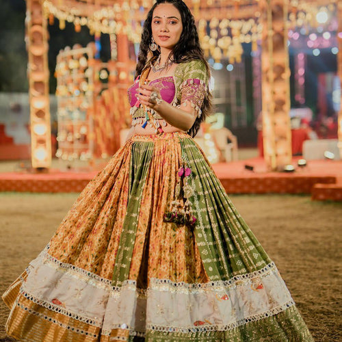 Green-Yellow Color Digital Printed Mirror Work Navratri Chaniya Choli