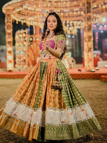 Green-Yellow Color Digital Printed Mirror Work Navratri Chaniya Choli