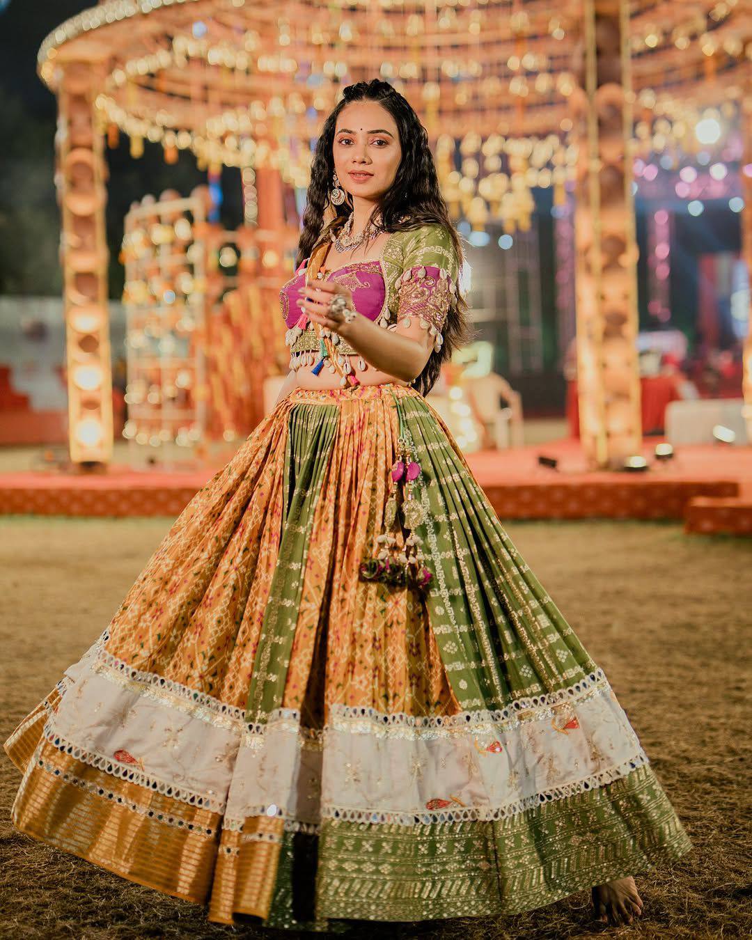 Green-Yellow Color Digital Printed Mirror Work Navratri Chaniya Choli