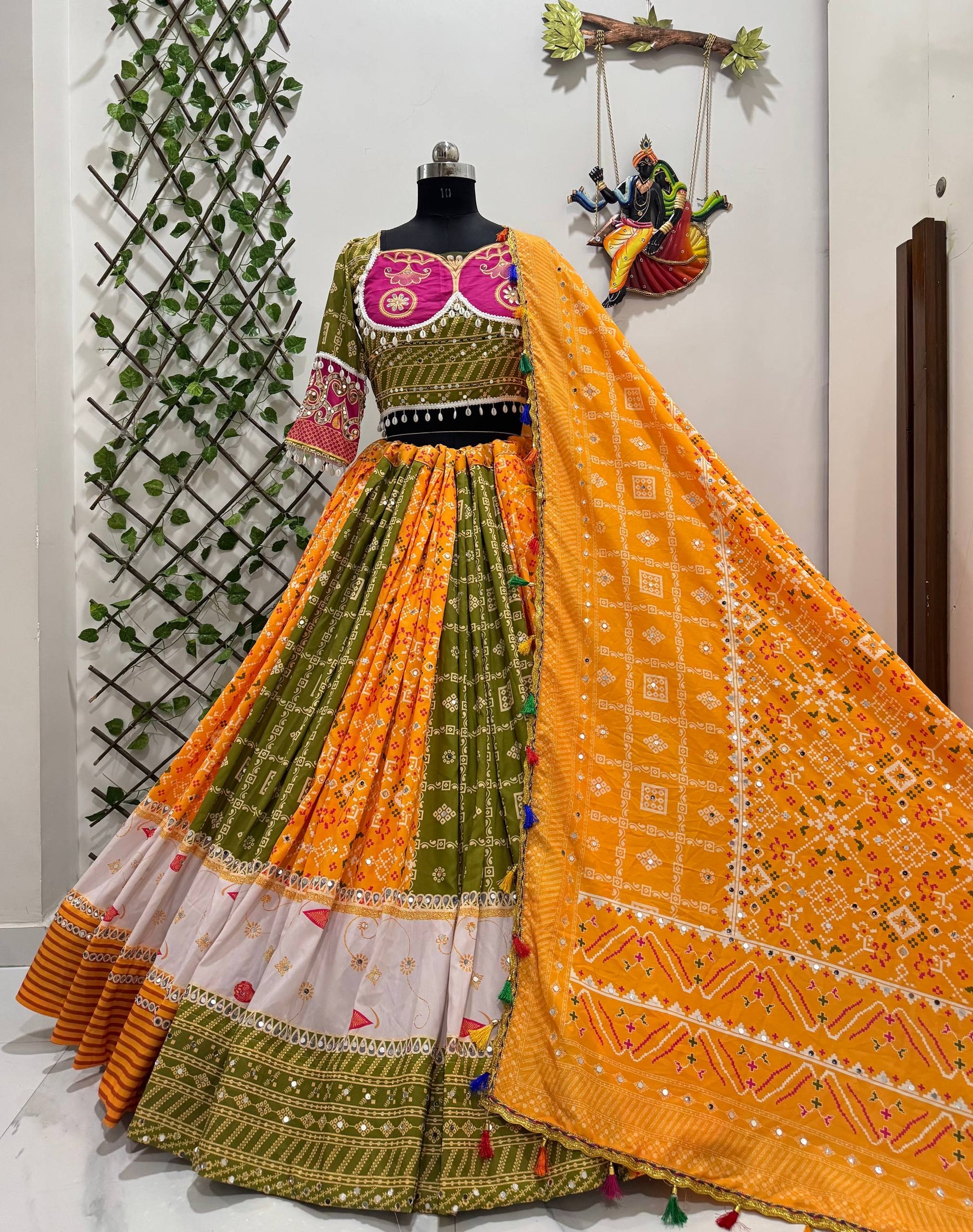 Green-Yellow Color Digital Printed Mirror Work Navratri Chaniya Choli