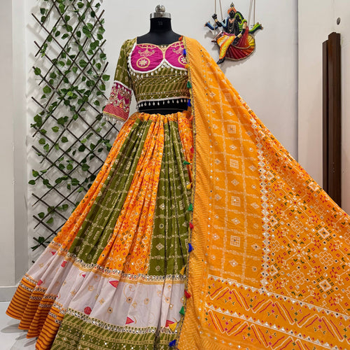 Green-Yellow Color Digital Printed Mirror Work Navratri Chaniya Choli