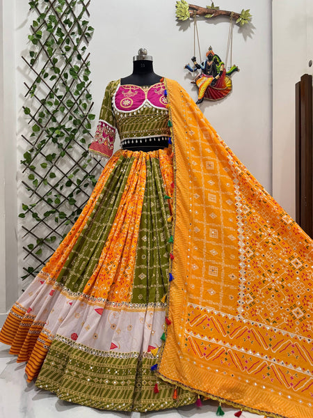 Green-Yellow Color Digital Printed Mirror Work Navratri Chaniya Choli