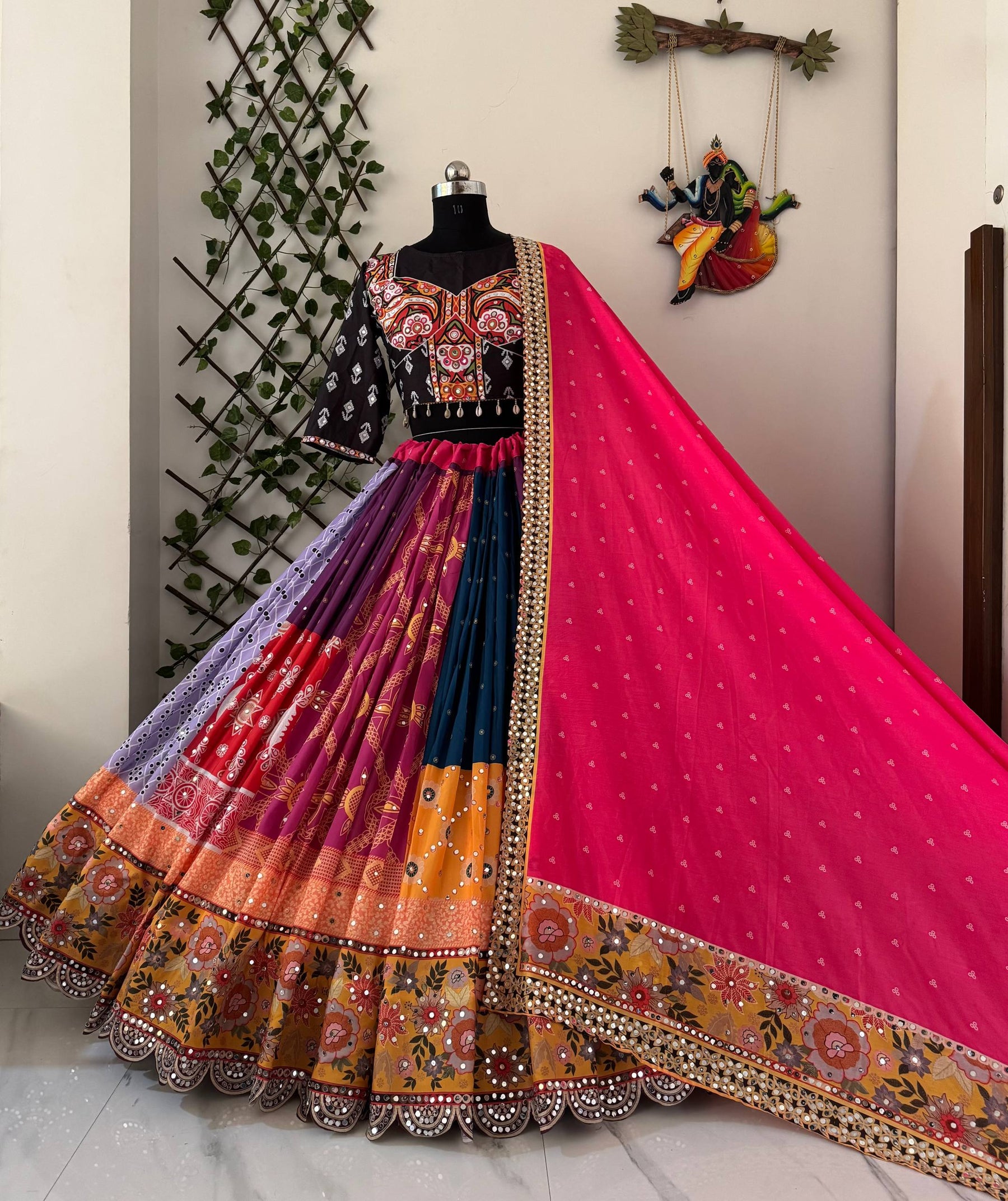 Multi Color Navratri Designer Mirror Work Printed Lehenga Choli