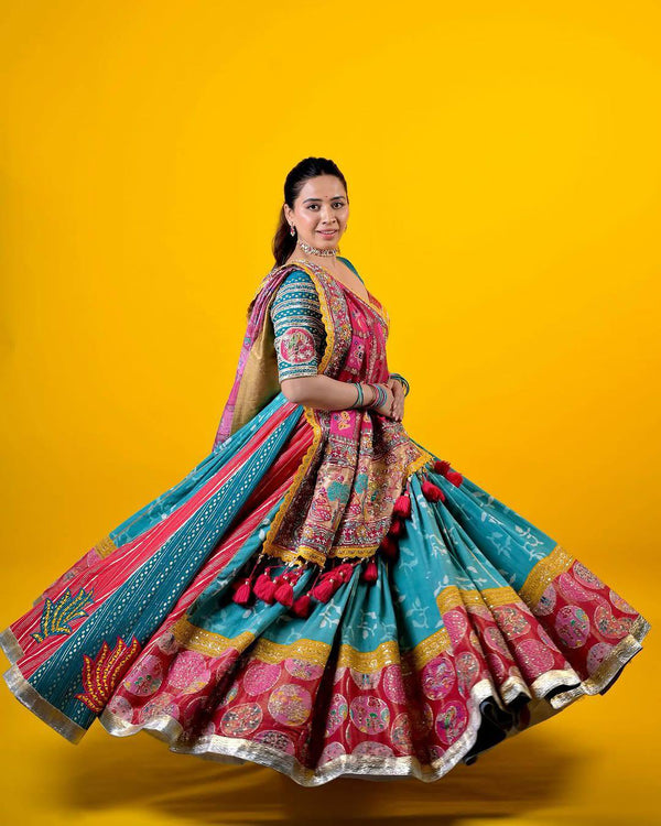 Rama Color Printed Mirror Work Navratri Chaniya Choli