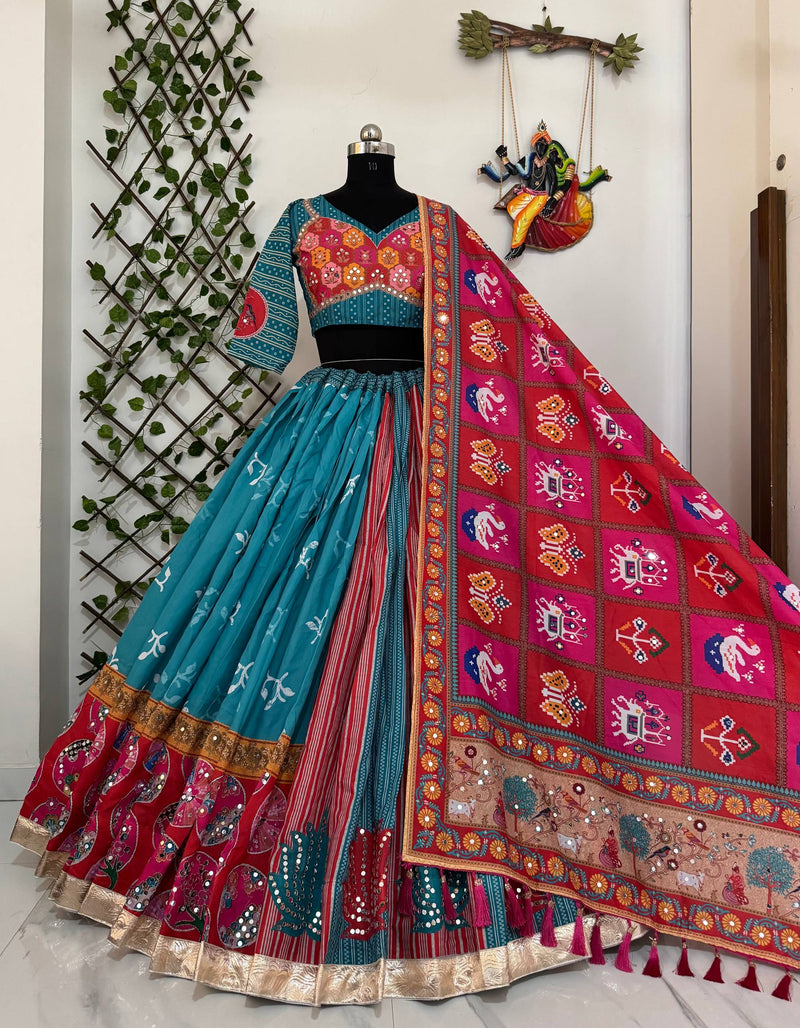 Rama Color Printed Mirror Work Navratri Chaniya Choli