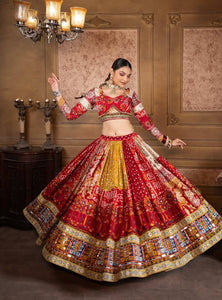 Red-Yellow Hit Navratri Printed Mirror Work Chaniya Choli