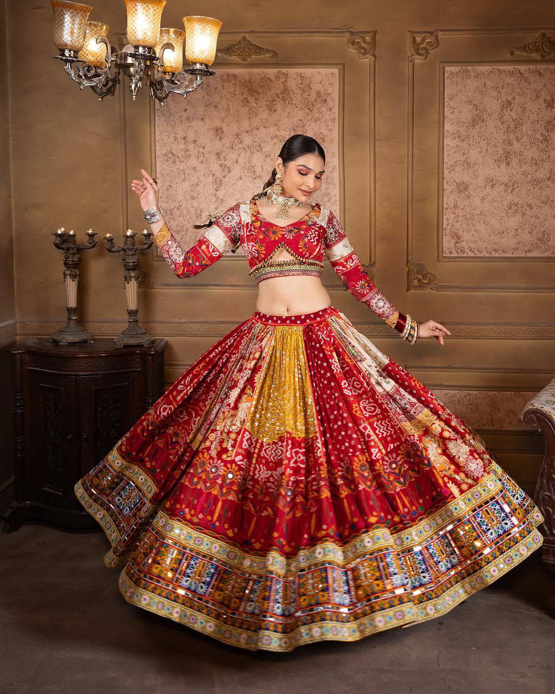 Red-Yellow Hit Navratri Printed Mirror Work Chaniya Choli