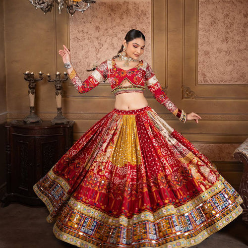 Red-Yellow Hit Navratri Printed Mirror Work Chaniya Choli