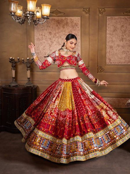 Red-Yellow Hit Navratri Printed Mirror Work Chaniya Choli
